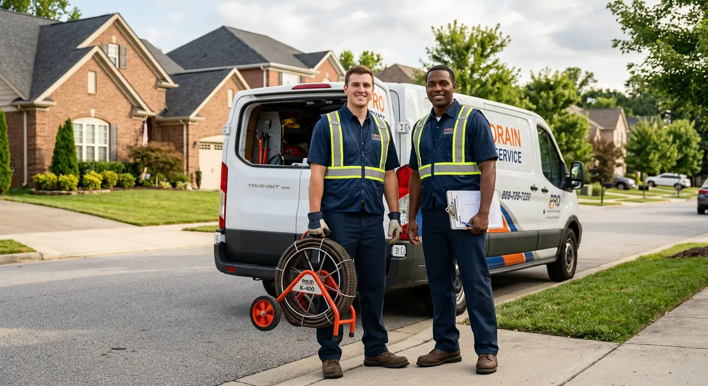 Sewer and drain service team with equipment ready for work in Brookshire