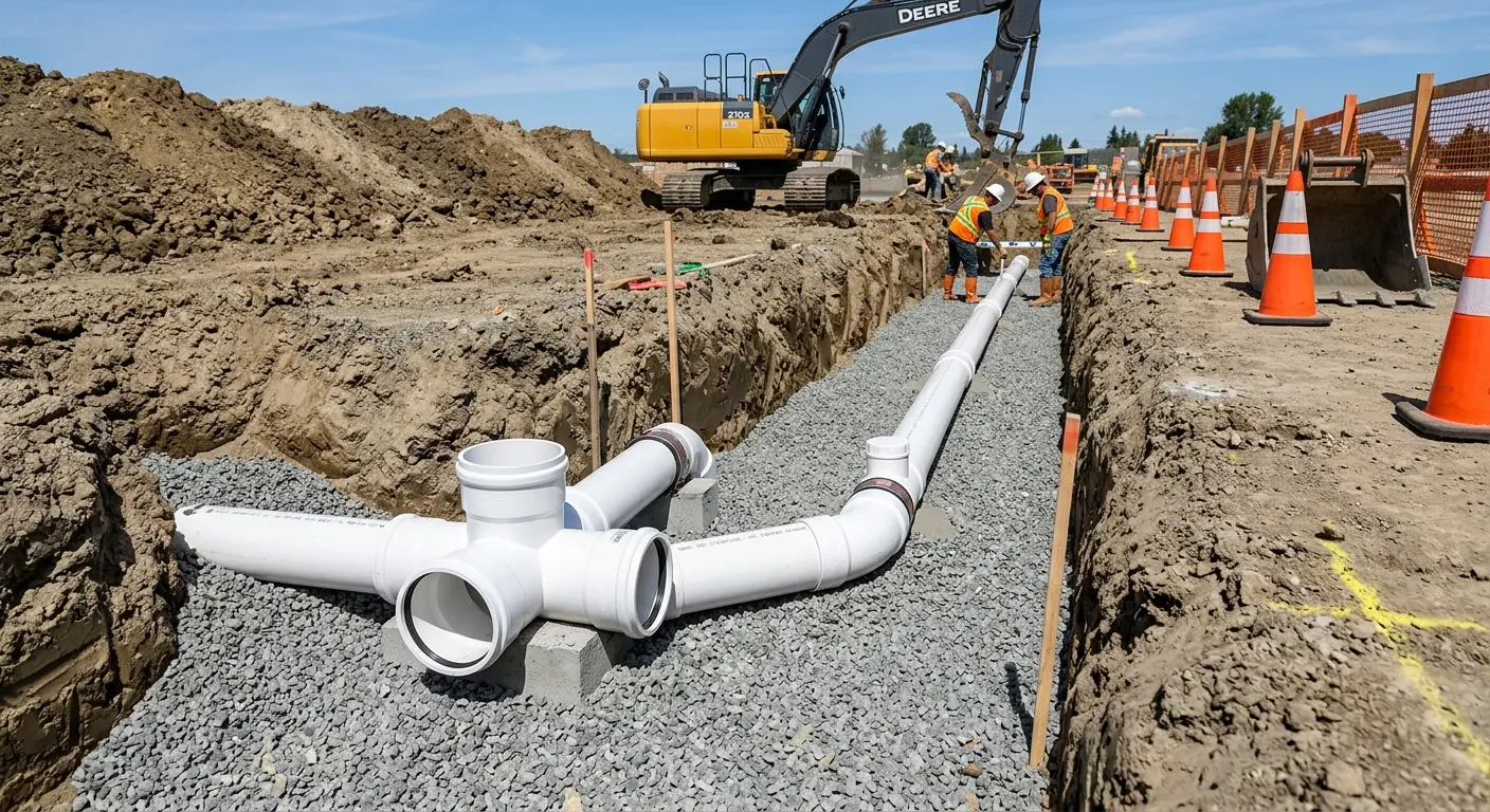 New PVC sewer pipe installation in open trench for Sewer Backup in Brookshire