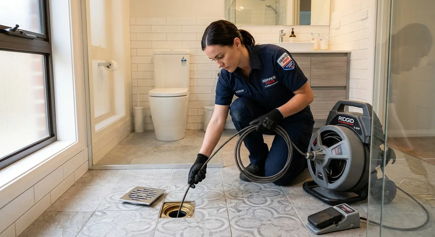 Technician clearing a bathroom floor drain for Drain Cleaning in Brookshire